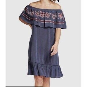 Knox Rose Blue Off Shoulder Peasant Dress Multicolor Embroidered Flowers Medium